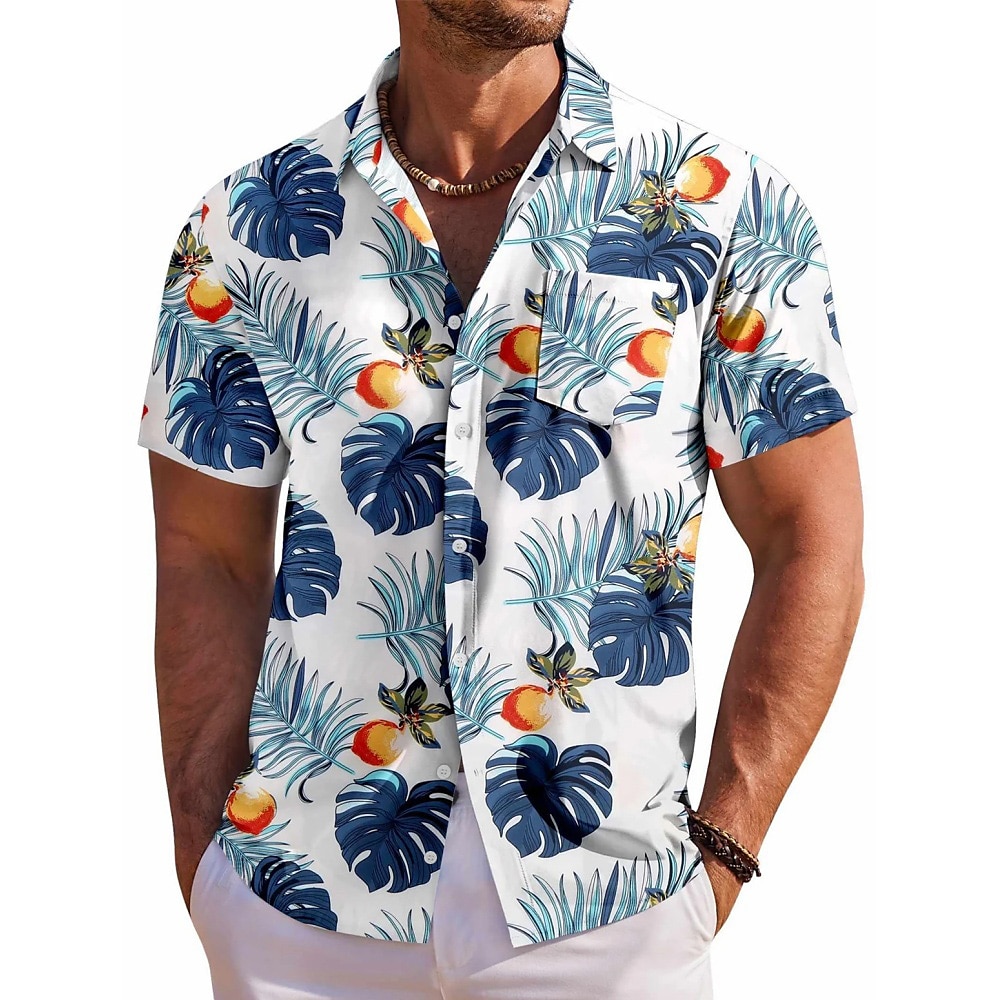 Herren Palmblatt Lässiges Hemd Aloha-Shirt Kurzarm Hawaiianisch Resort Outdoor Normal Casual Sommer Frühling Umlegekragen Knopf hoch Tasche Blau Lightinthebox