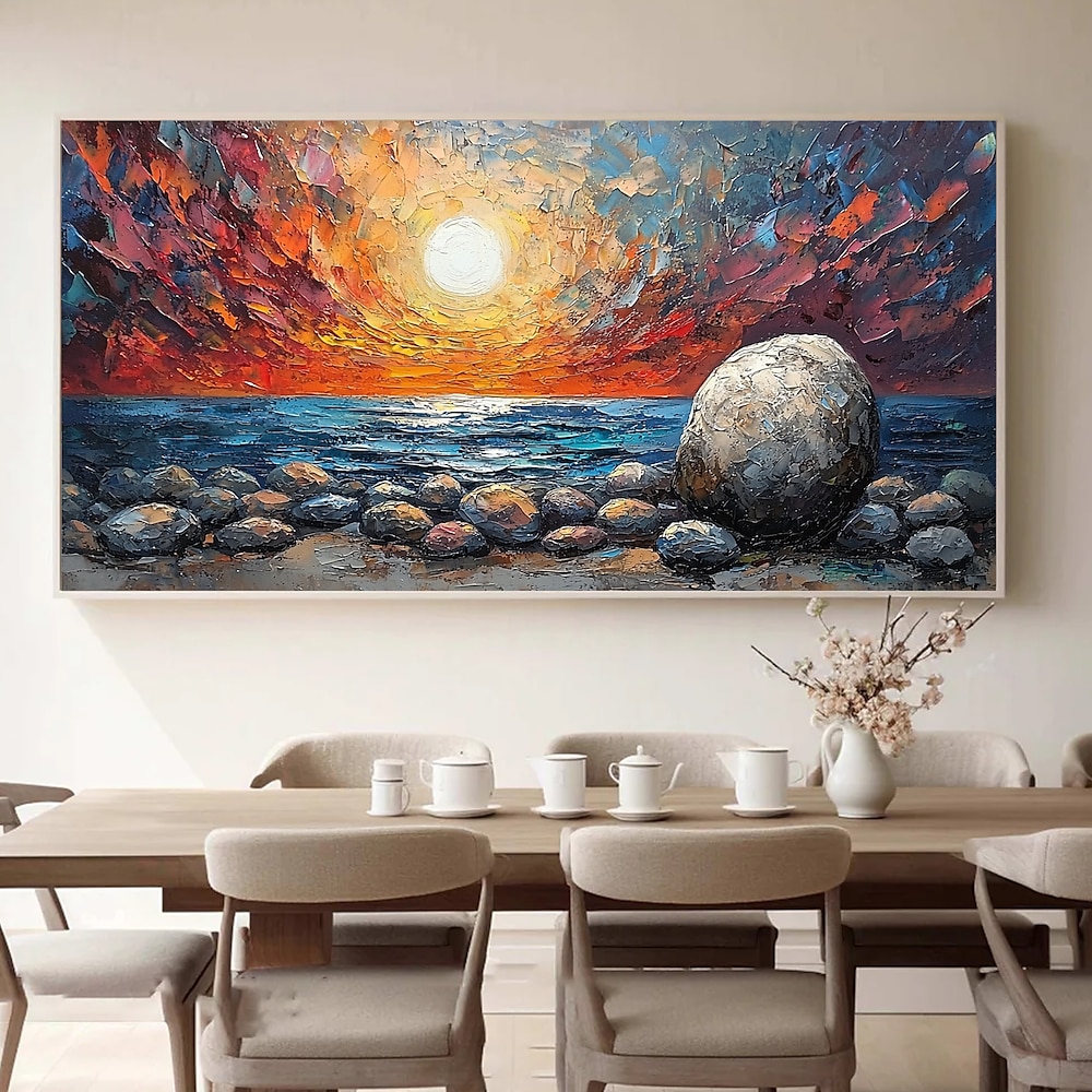 handgefertigtes Original-Ölgemälde mit Sonnenuntergang und Meereslandschaft auf Leinwand, abstrakte Struktur, farbige Steine, Wandbild für die Inneneinrichtung mit gespanntem Rahmen/ohne Innenrahmen Lightinthebox