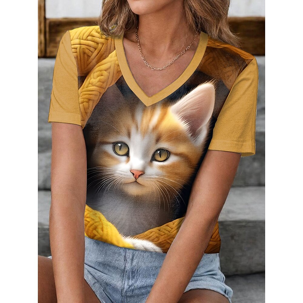 Damen T Shirt Stilvoll Brautkleider schlicht Katze Normale Oberteile Kurzarm V Ausschnitt Bedruckt Regular Fit Täglich Gelb Sommer Lightinthebox