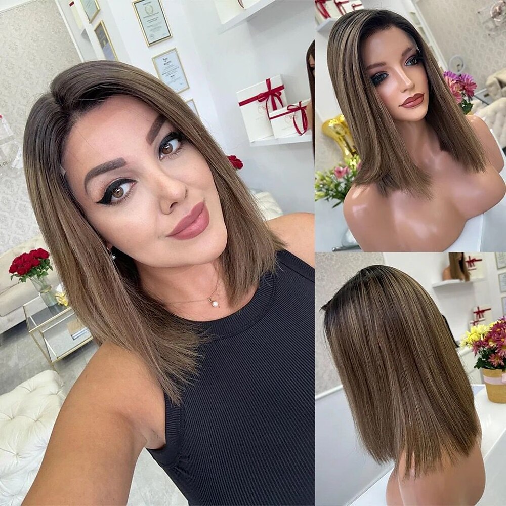 Unverarbeitetes reines Haar 5x5 Verschluss 13x4 Spitzenfront Perücke Kurzer Bob Brasilianisches Haar Glatt Mehrfarbig Perücke 130% 150% Haardichte Gefärbte Haarspitzen (Ombré Hair) Strähnchen Lightinthebox