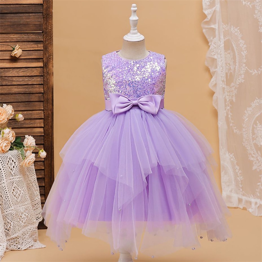 Blumenmädchenkleid Kinder Mädchen Prinzessinenkleid Leistung Hochzeit Party Elegant Schön Pailletten Gitter Feste Farbe Ärmellos Rundhalsausschnitt Champagner Rosa 4 Jahre Lightinthebox