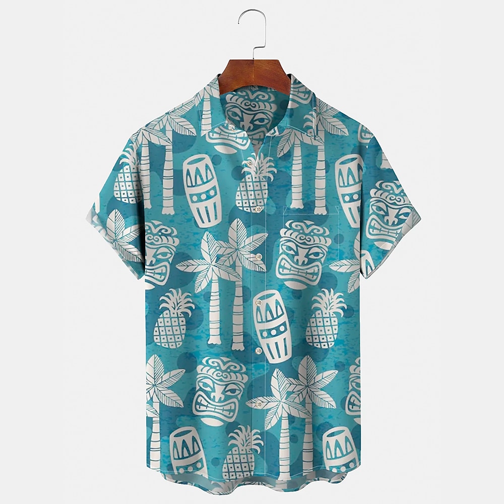 Herren Stammes Kokusnuss-Palme Lässiges Hemd Aloha-Shirt Kurzarm Hawaiianisch Brautkleider schlicht Normal Casual Sommer Frühling Umlegekragen Knopf hoch Blau Lightinthebox