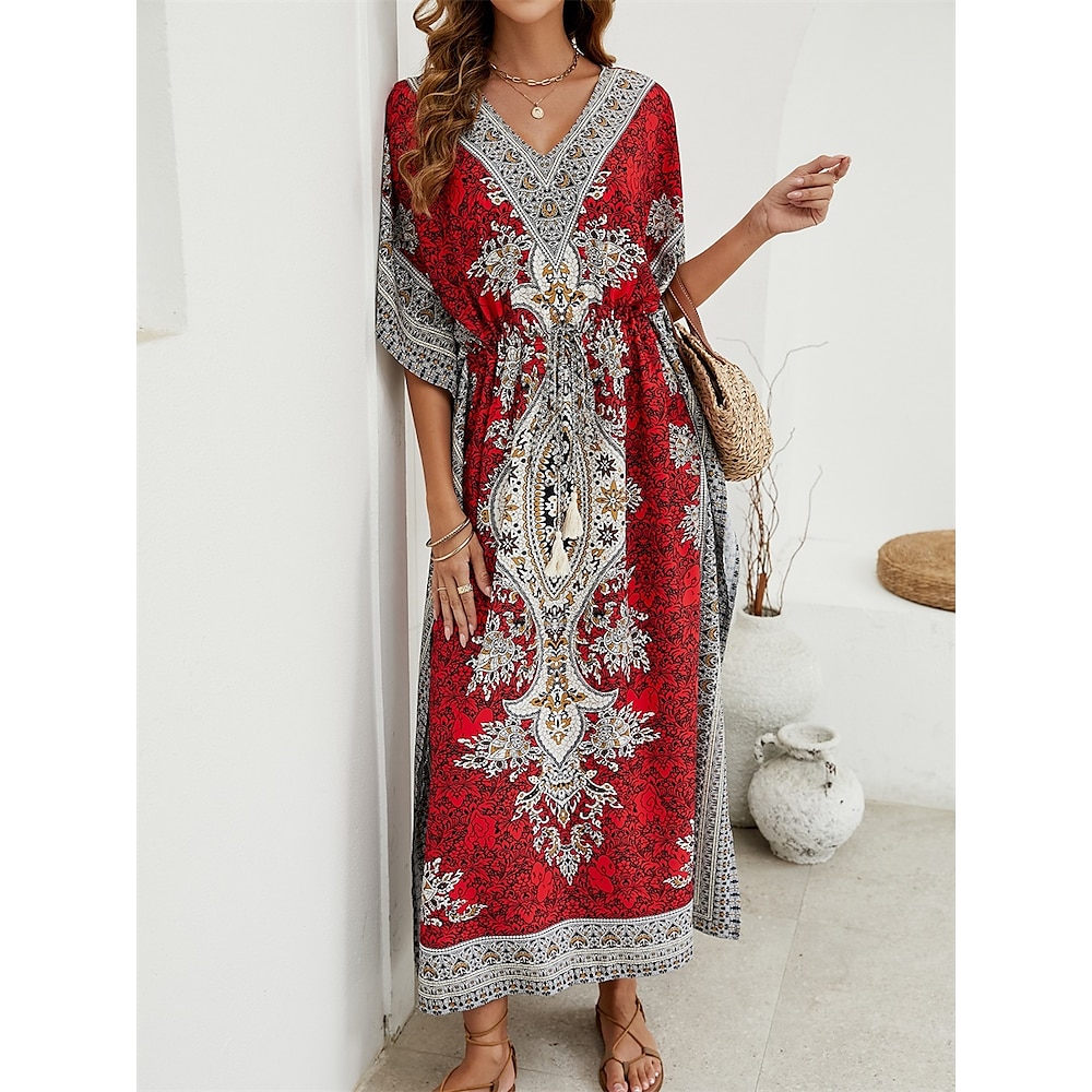 Damen Casual kleid Boho Chic Kleider Böhmen Kuschelig Stilvoll Graphic Maxidress Kurzarm V Ausschnitt Kordelzug Bedruckt Lockere Passform Urlaub Täglich Strand Rote Blau Sommer Frühling Herbst Lightinthebox