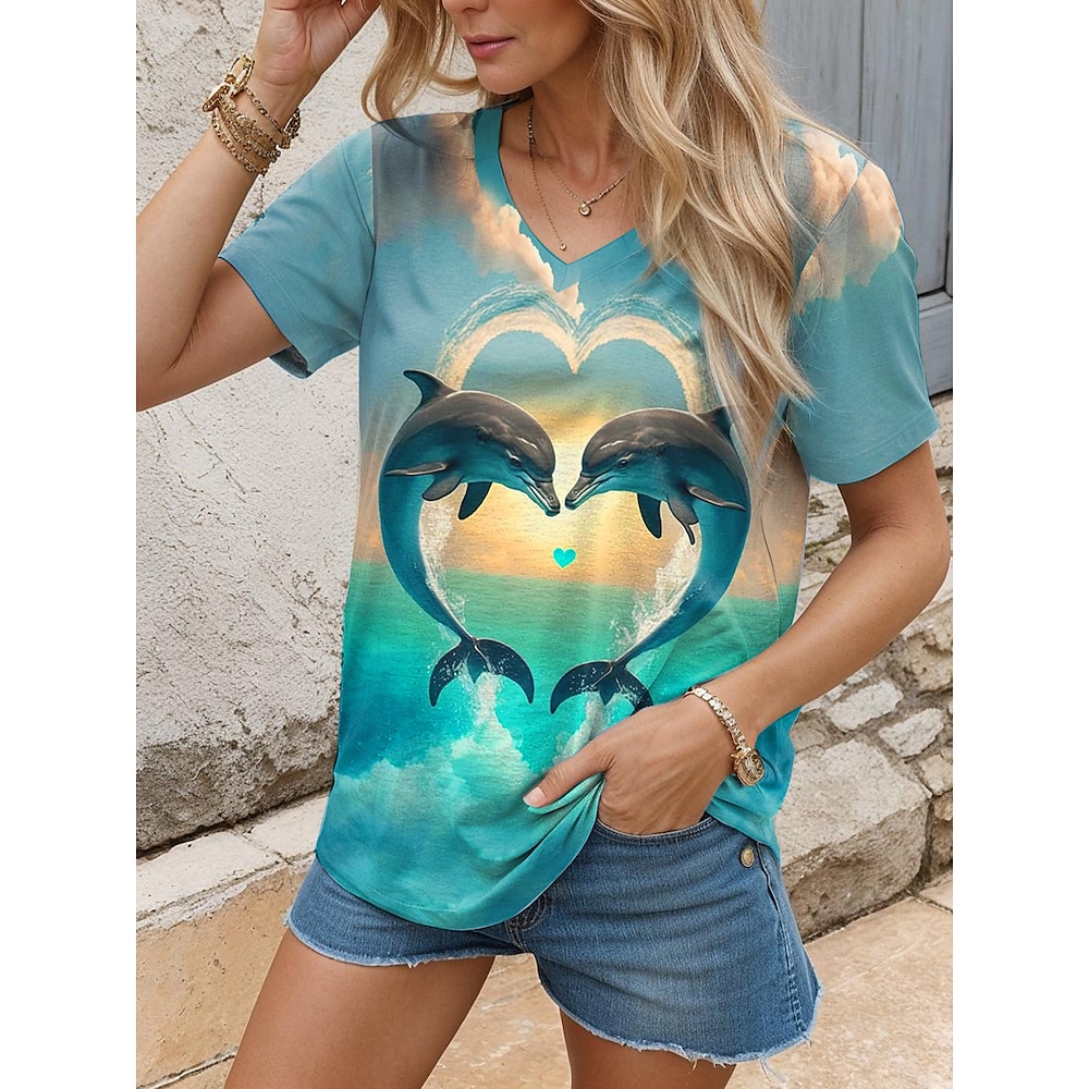 Damen T Shirt Stilvoll Brautkleider schlicht Tier Normale Oberteile Kurzarm V Ausschnitt Bedruckt Regular Fit Täglich Blau Sommer Lightinthebox