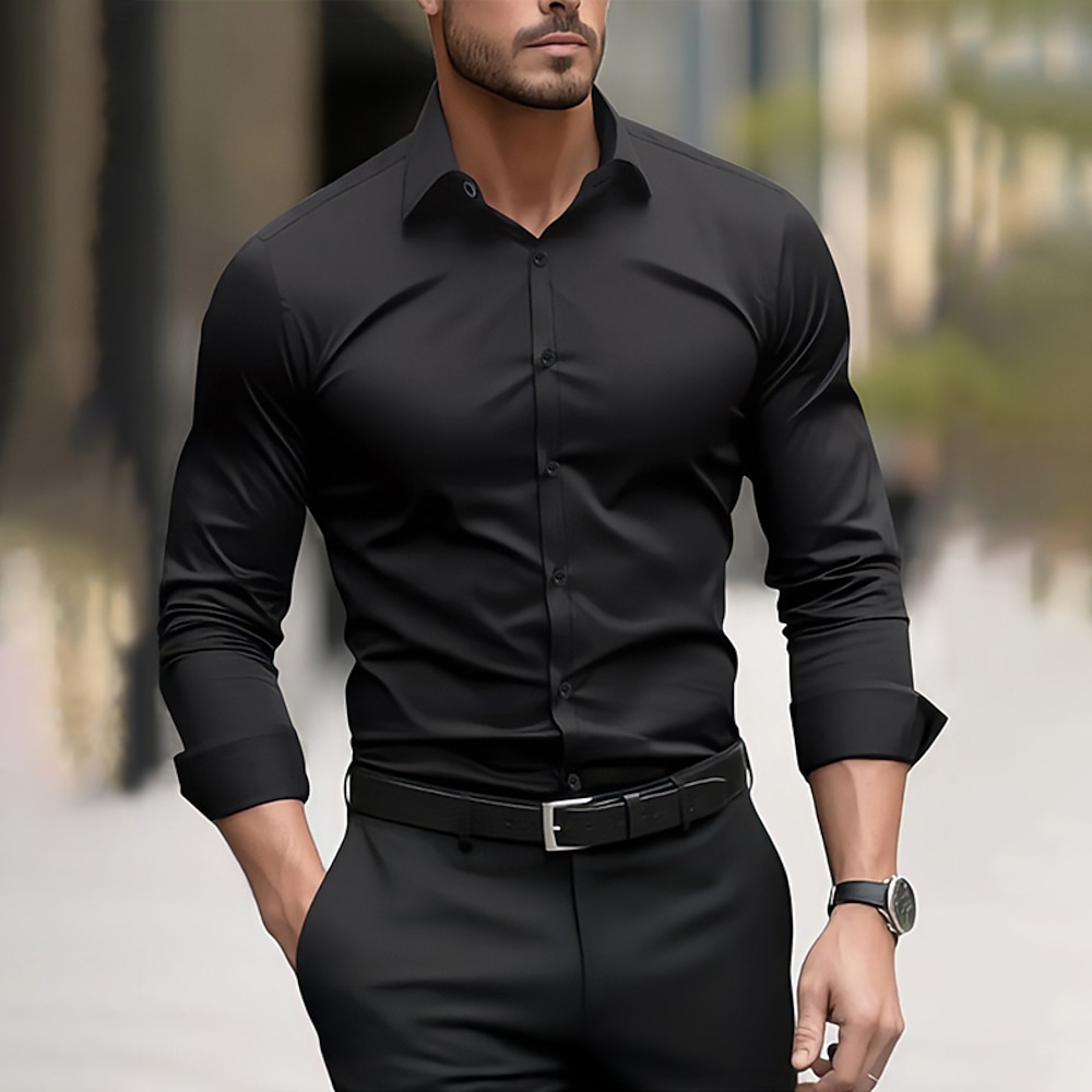 Herren Oberhemd Glatt Hochzeit Outdoor Schwarz Rote Marineblau Dunkelgrün Langarm Kragen Sommer Frühling Bekleidung Lightinthebox