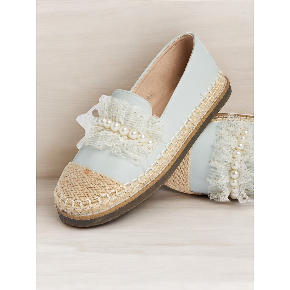 Damen Flache Schuhe Boho Urlaub Täglich Imitationsperle Satinblume Flacher Absatz Runde Zehe Böhmen Urlaub PU Halbschuhe Blau Beige Lightinthebox