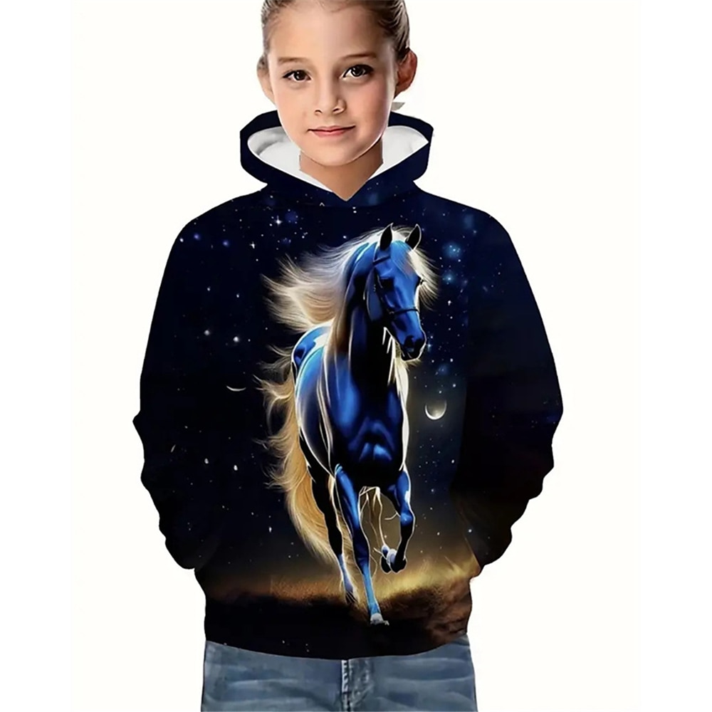 Mädchen 3D Graphic Pferd Kapuzenshirt Langarm Frühling Herbst Modisch Strassenmode kinderkleidung 4-12 Jahre Mit Kapuze Outdoor Casual Täglich Regular Fit Lightinthebox