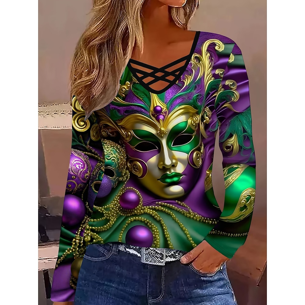 Karneval Damen T Shirt Tee Graphic Brautkleider schlicht Langarm V Ausschnitt Normale Oberteile Täglich Ausgeschnitten Bedruckt Purpur Grün Frühling Herbst Lightinthebox