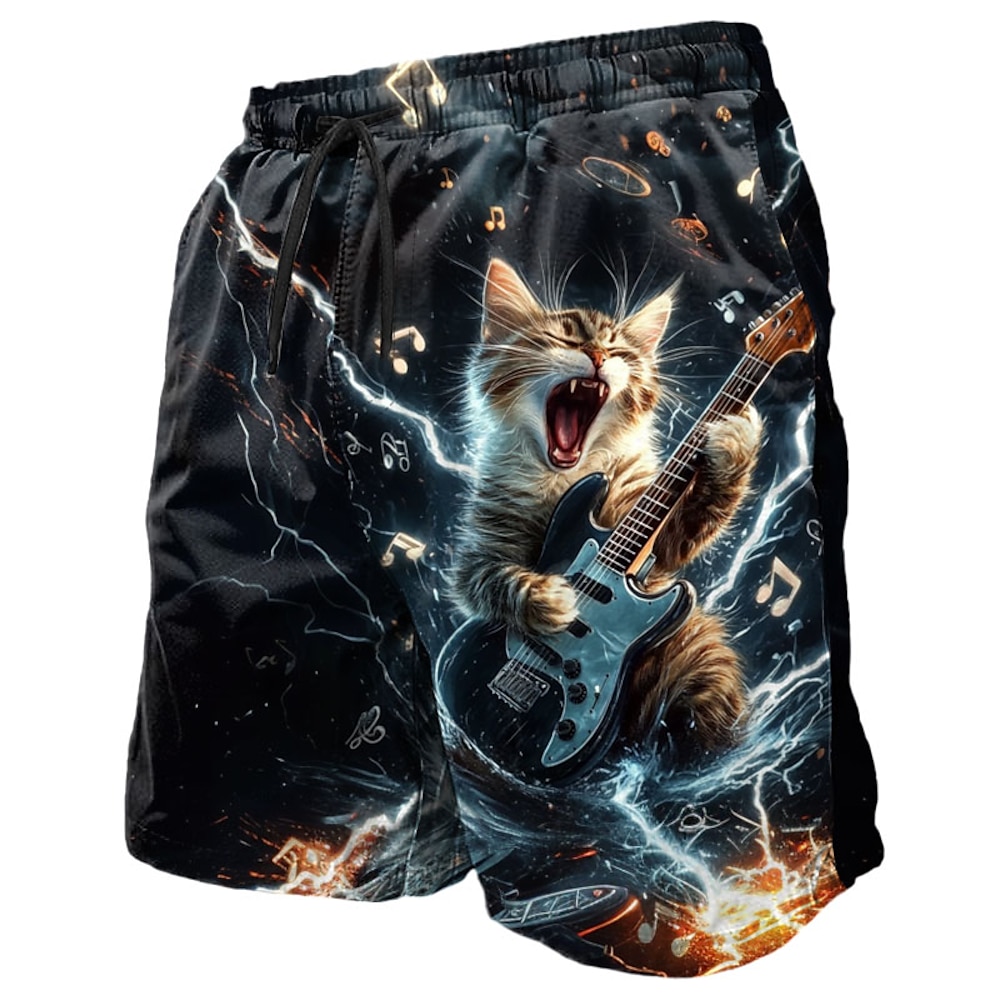 Herren Katze Lustig Gitarrist Shorts Kurze Hosen Sommer-Shorts Strandshorts Kurze Hosen Mittlere Taillenlinie Strassenmode Hawaiianisch Casual Täglich Festtage Tasche Kordelzug Elastische Taille Lightinthebox