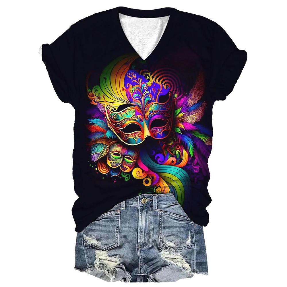 Damen T Shirt Stilvoll Brautkleider schlicht Graphic Normale Oberteile Kurzarm V Ausschnitt Bedruckt Regular Fit Täglich Schwarz Sommer Lightinthebox