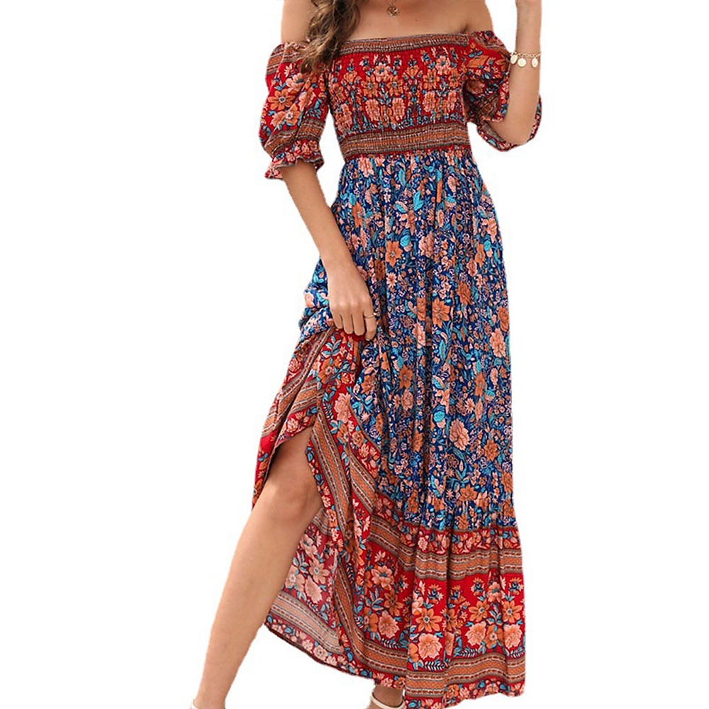 Damen Casual kleid Boho Chic Kleider Böhmen Kuschelig Stilvoll Graphic Maxidress Kurzarm Schulterfrei Elastische Taille Bedruckt Lockere Passform Urlaub Täglich Strand Rote Blau Grün Sommer Frühling Lightinthebox