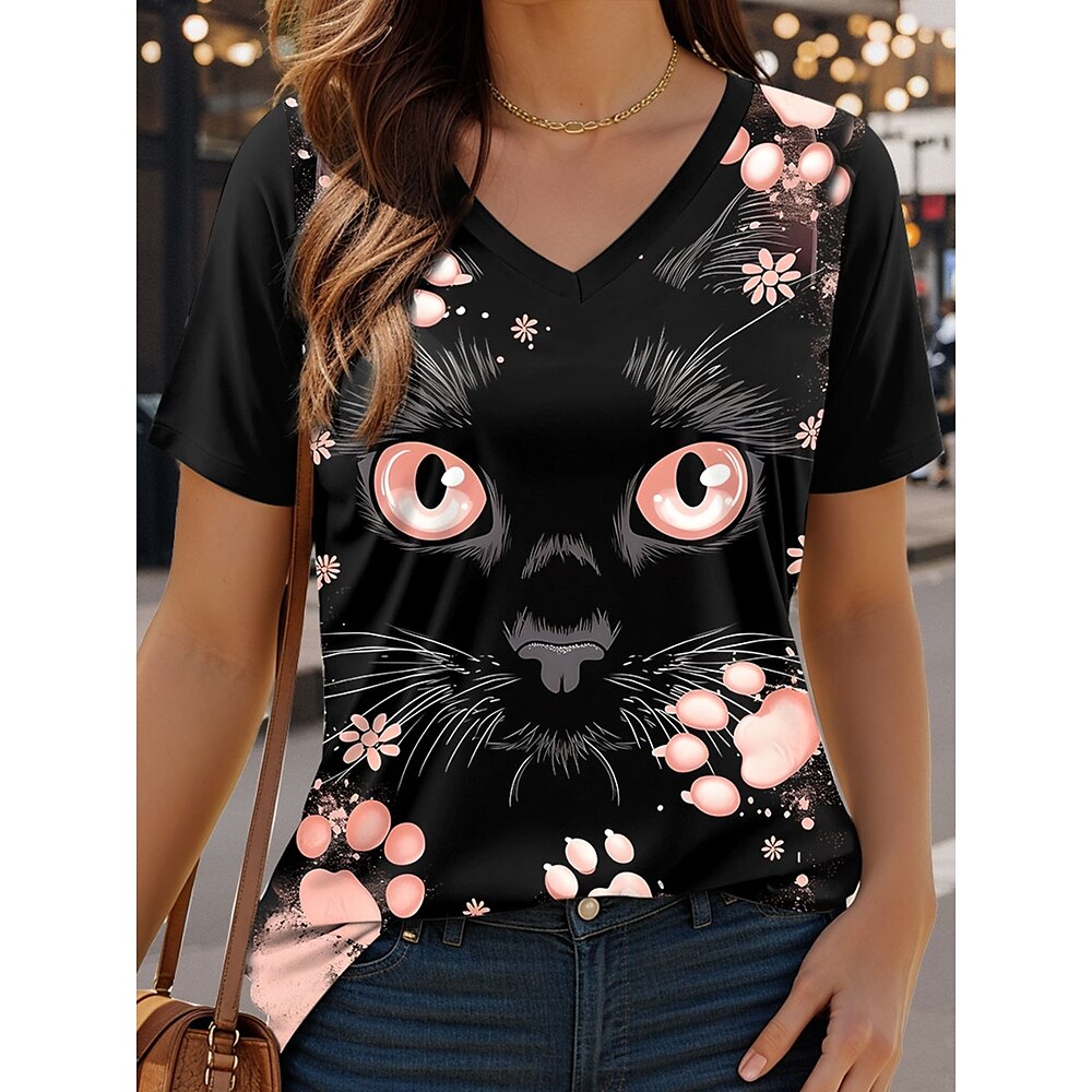 Damen T Shirt Stilvoll Brautkleider schlicht Katze Normale Oberteile Kurzarm V Ausschnitt Bedruckt Regular Fit Täglich Schwarz Sommer Lightinthebox