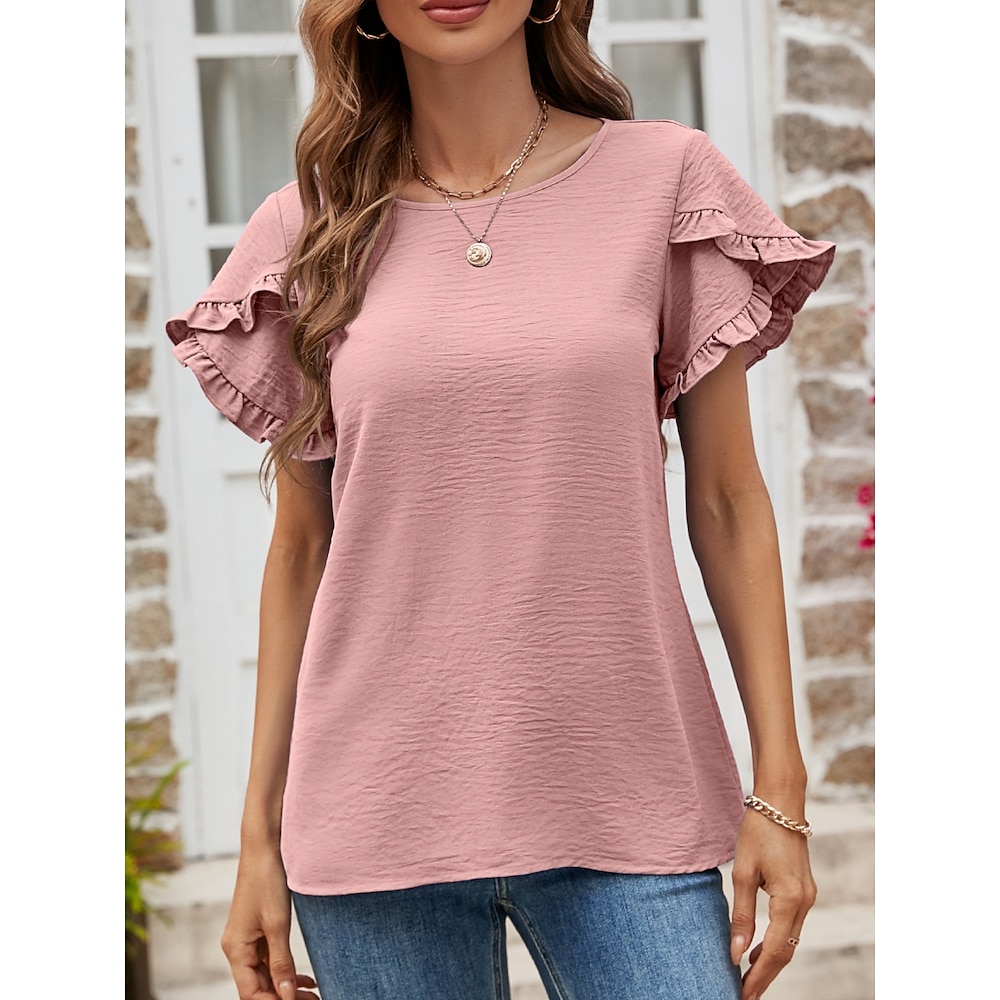 Damen T Shirt Modisch Modern Brautkleider schlicht Glatt Normale Oberteile Kurzarm Rundhalsausschnitt Rüsche Regular Fit Täglich Wochenende Rosa Wein Grün Sommer Lightinthebox