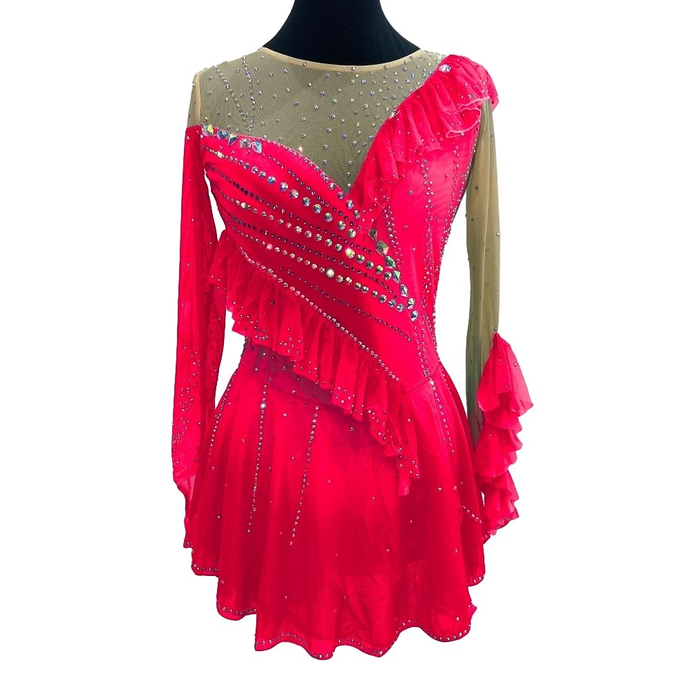 Eiskunstlaufkleid Damen Mädchen Eislaufen Kleider Hellgelb Gelb Rot Patchwork Daumenloch Gitter Spandex elastisch Ausbildung Praxis Professionell Eiskunstlaufkleidung Kristalle Langarm Eiskundstlauf Lightinthebox