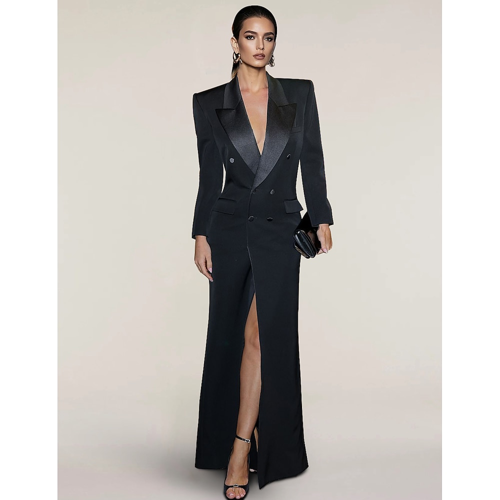 Blazer Kleid Meerjungfrau Trompetenabendkleid Elegantes Kleid Smoking Kleid Hochzeitsgast Formelles Bodenlänge Langarm Reverskragen Satin mit Tasche 2025 Lightinthebox