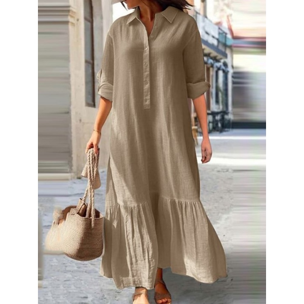 Damen blusenkleid Casual kleid Baumwoll-Leinenkleid Stilvoll Basic Brautkleider schlicht Glatt Maxidress Langarm Hemdkragen Rüschen Knopf Regular Fit Urlaub Täglich Königliches Blau Grün Khaki Sommer Lightinthebox