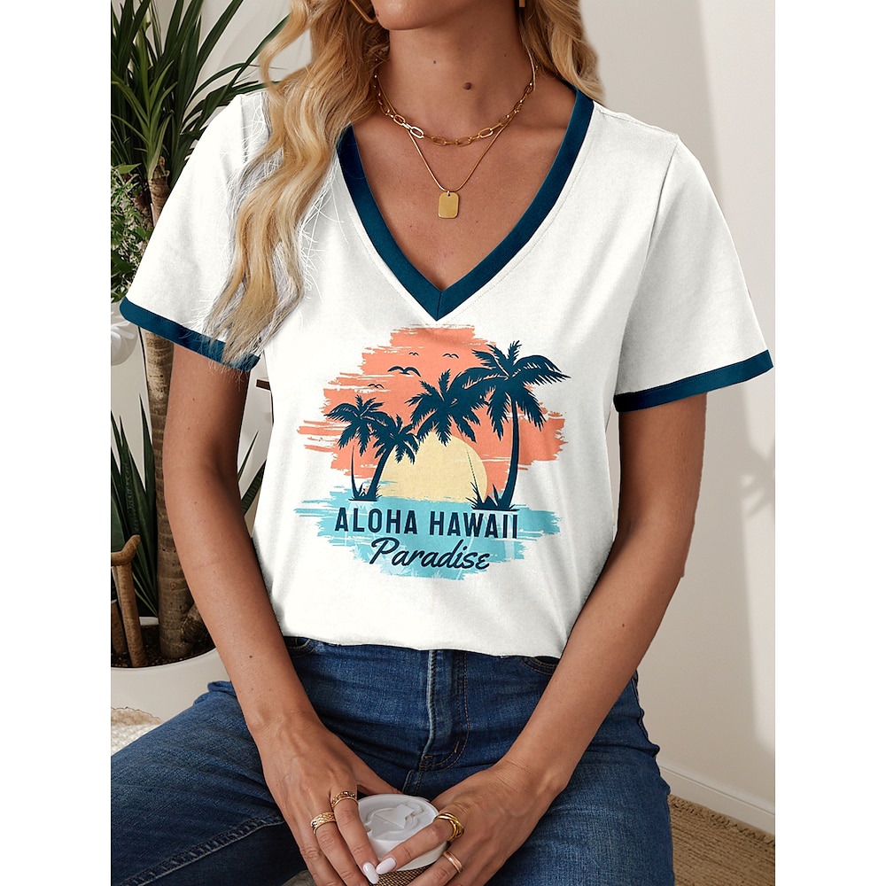 Damen T Shirt Stilvoll Brautkleider schlicht Buchstabe Normale Oberteile Kurzarm V Ausschnitt Bedruckt Regular Fit Täglich Weiß Sommer Lightinthebox