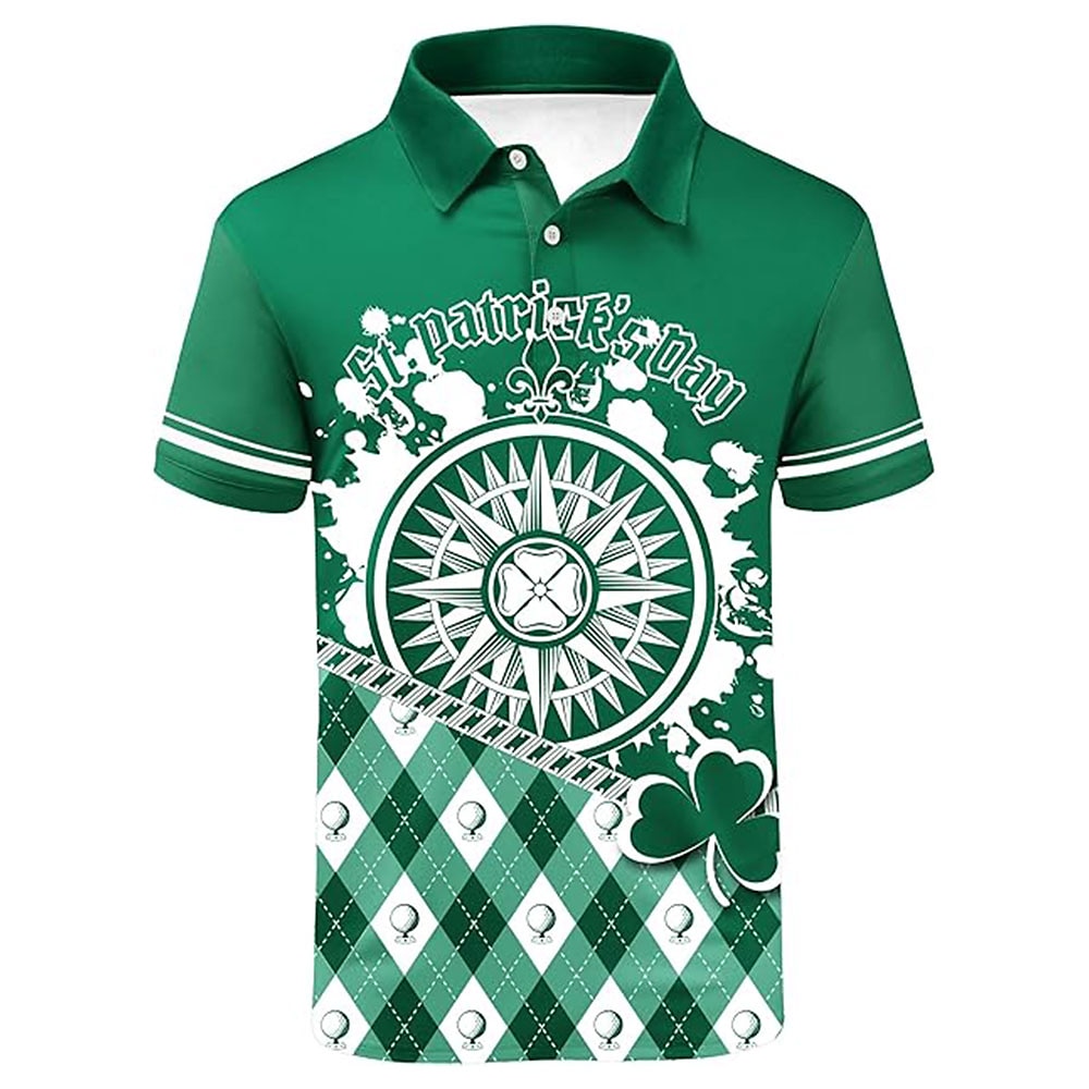 Herren Kleeblatt Buchstabe Polo Kurzarm Polo-Shirts Hemden mit Kragen Brautkleider schlicht Outdoor Festival-Outfit 3D-Druck Grün Lightinthebox