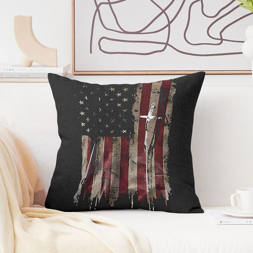 Vintage dekorativer Kissenbezug, 1 Stück, amerikanische Flagge, Nationalflagge, weicher quadratischer Kissenbezug für Schlafzimmer, Wohnzimmer, Sofa, Couch, Stuhl, Khaki, Dunkelgrau, Schwarz, Weiß Lightinthebox