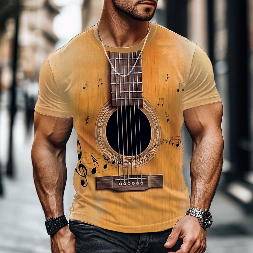 Herren Musik Gitarre T Shirt Kurzarm T-Shirt 3D-Druck Rundhalsausschnitt Hemd Übertrieben Designer Party Festtage Klub Gelb Sommer Frühling Bekleidung S M L XL XXL XXXL Lightinthebox