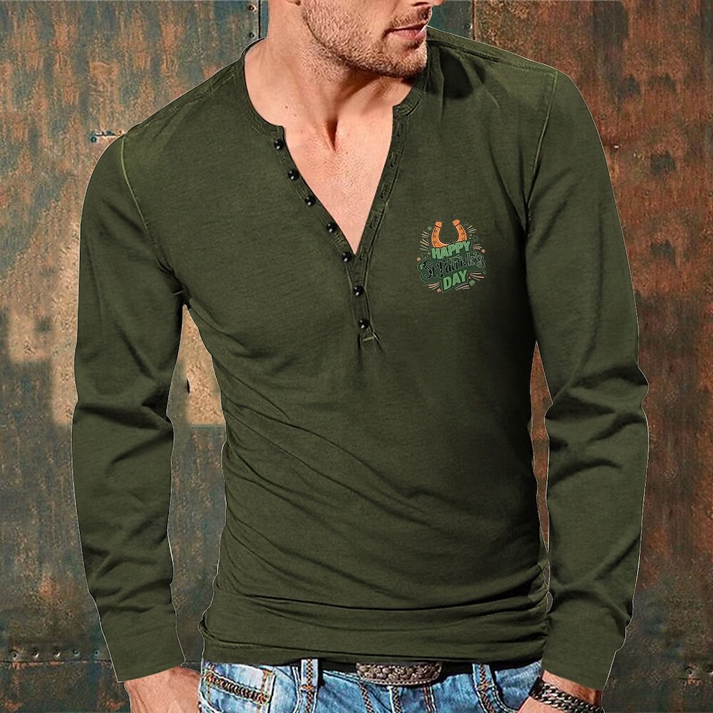 Herren St. Patricks Day Kleeblatt T-Shirt Henley Shirt Tee T-Shirt St. Patrick Day Henley Urlaub Strasse Langarm Schnalle Bekleidung Polyester Modisch St. Patricks Day Lightinthebox