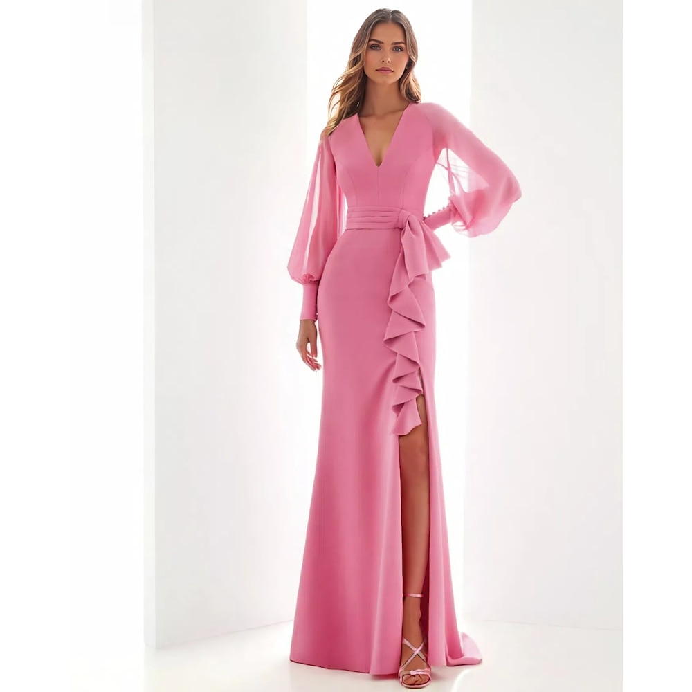 rosa A-Linie Abendkleid elegantes formelles Kleid bodenlang Langarm V-Ausschnitt Chiffon mit Rüschen Schlitz Schmetterling 2025 Lightinthebox