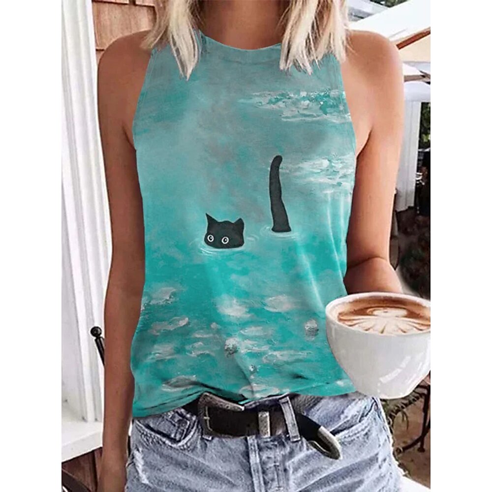 Damen T-Shirt Katze Abstrakt Alltag Lässig Ärmellos Rundhals Reguläre Tops Urlaub Druck Blau Sommer Lightinthebox