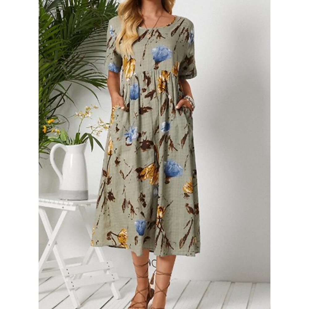 Damen Casual kleid Baumwoll-Leinenkleid Stilvoll Brautkleider schlicht Blumen kleid lang Kurzarm Rundhalsausschnitt Bedruckt Regular Fit Urlaub Täglich Grün Sommer Lightinthebox