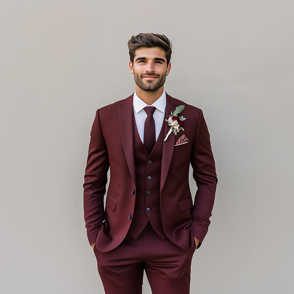 Herren Hochzeitsanzüge Schwarz Burgunder Sommer Einfarbig Standard Fit 3-teilig Einreiher Zwei Knöpfe Lightinthebox