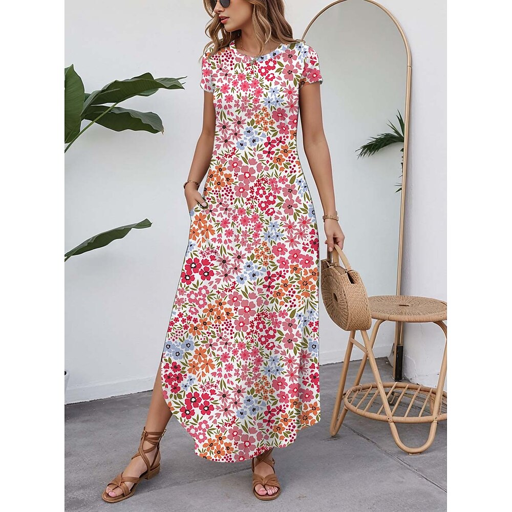 Damen Casual kleid Vintage Blumen Maxidress Kurzarm Rundhalsausschnitt Gespleisst Bedruckt Abgerundeter Saum Regular Fit Urlaub Rosa Sommer Lightinthebox