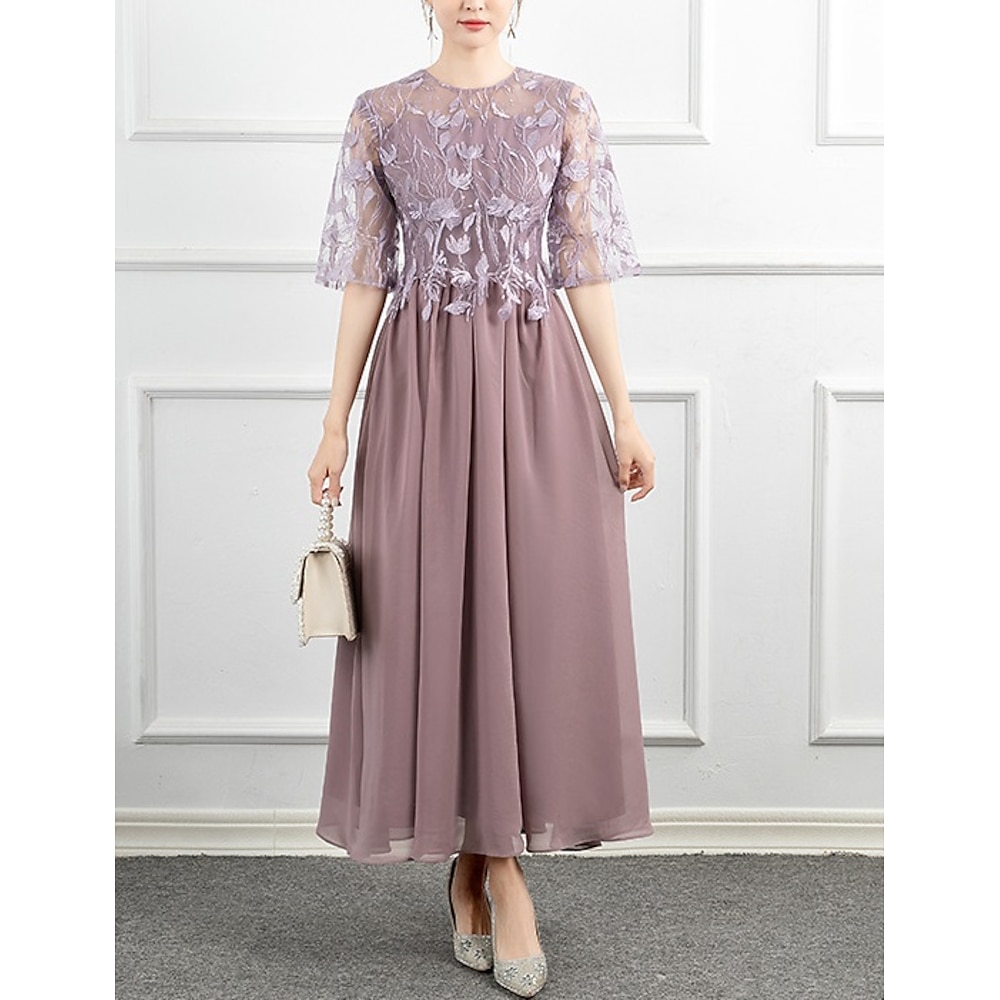 A-Linie Kleid Brautmutterkleid Elegant Strahlend Funkelnd Schmuck Knöchellänge Chiffon Langarm mit Spitze Stickerei Einheitliche Farbe 2024 Lightinthebox