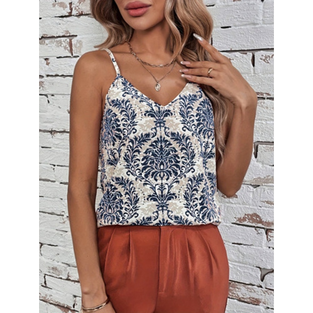 Damen Hemd Bluse Böhmen Brautkleider schlicht Blumen Normale Oberteile Ärmellos Gurt Rückenfrei Bedruckt Regular Fit Täglich Marineblau Sommer Frühling Lightinthebox