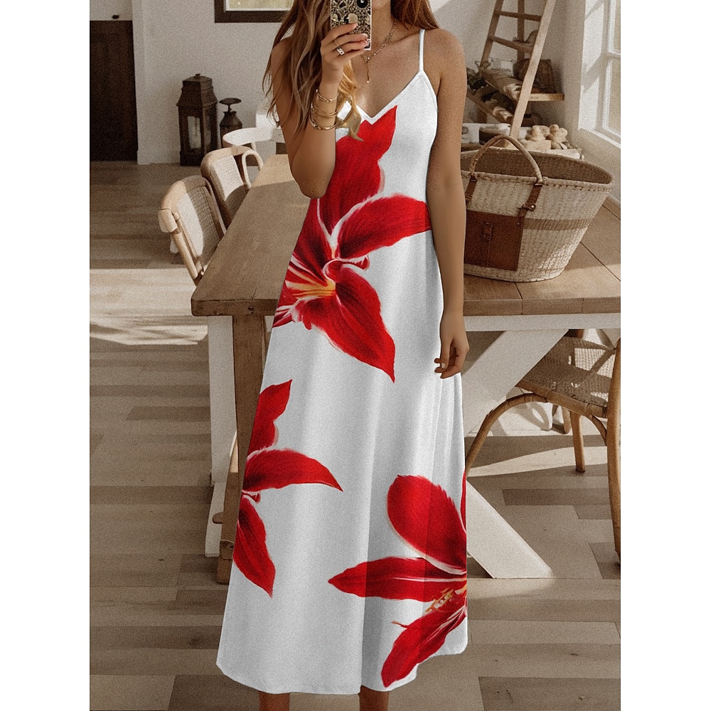 Damen A Linie Kleid Cami-Kleid Stilvoll Brautkleider schlicht Blatt Farbblock Maxidress Ärmellos V Ausschnitt Bedruckt Lockere Passform Urlaub Strand Rote Sommer Lightinthebox