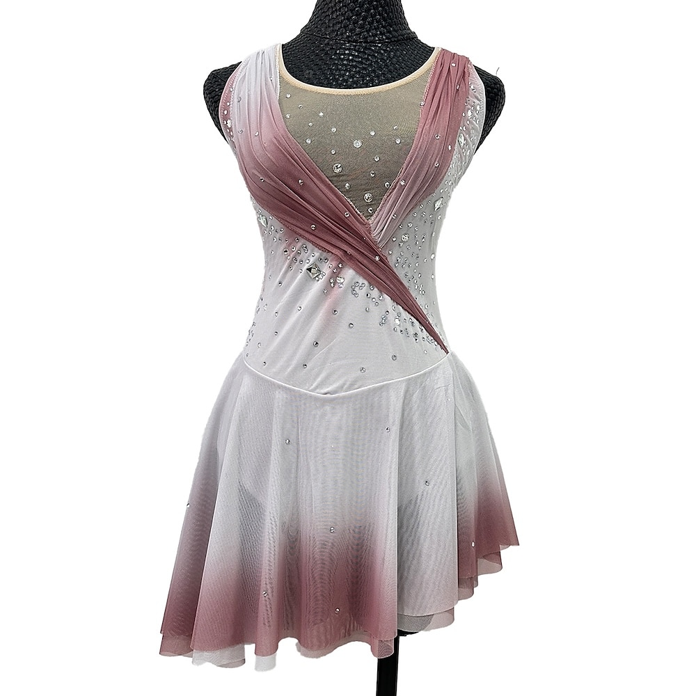 Eiskunstlaufkleid Damen Mädchen Eislaufen Kleider Pudriges Rosa Patchwork Asymmetrischer Saum Gitter Spandex elastisch Ausbildung Praxis Professionell Eiskunstlaufkleidung Kristalle Ärmellos Lightinthebox