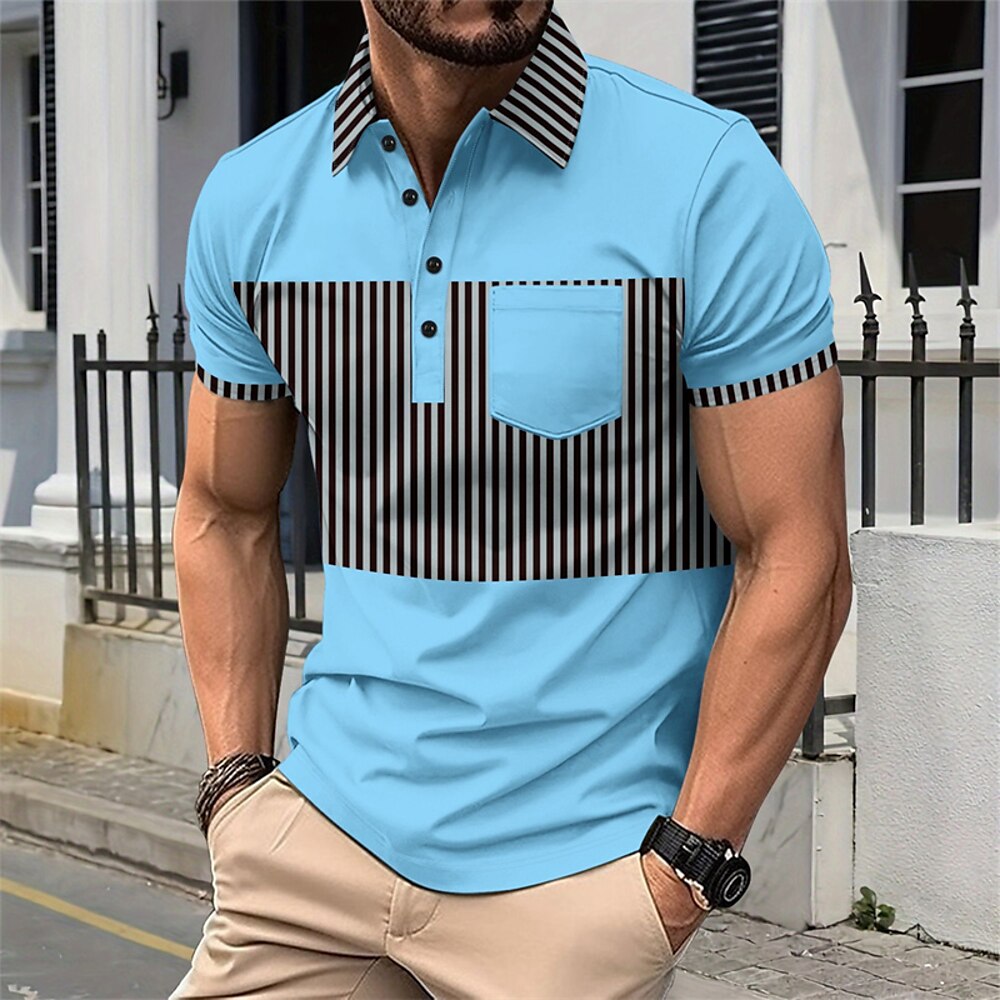 Herren Golfhemd Golf Poloshirts Arbeit Casual Kargen Kurzarm Basic Modern Streifen Patchwork Knopf Frühling Sommer Regular Fit Schwarz Marineblau Khaki Leicht Blau Golfhemd Lightinthebox