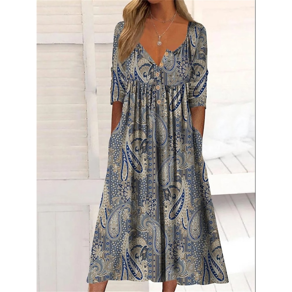 Damen Casual kleid A Linie Kleid Stilvoll Brautkleider schlicht Blumen Midikleid Kurzarm Rundhalsausschnitt Tasche Bedruckt Lockere Passform Urlaub Täglich Verabredung Marineblau Grau Sommer Frühling Lightinthebox