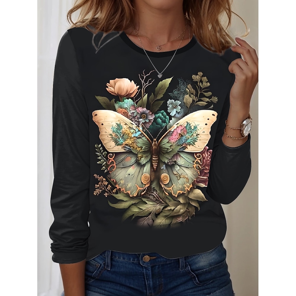 Damen T Shirt Brautkleider schlicht Schmetterling Normale Oberteile Langarm Rundhalsausschnitt Bedruckt Regular Fit Täglich Schwarz Frühling Herbst Lightinthebox