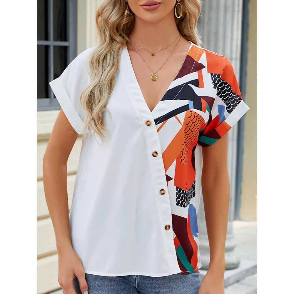 Damen Hemd Bluse Stilvoll Brautkleider schlicht Geometrisch Normale Oberteile Kurzarm V Ausschnitt Knopf Bedruckt Regular Fit Täglich Blau Orange Sommer Lightinthebox