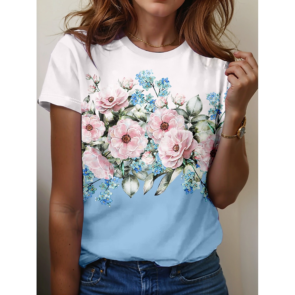 Damen T Shirt Brautkleider schlicht Blumen Normale Oberteile Kurzarm Rundhalsausschnitt Bedruckt Regular Fit Täglich Blau Sommer Lightinthebox