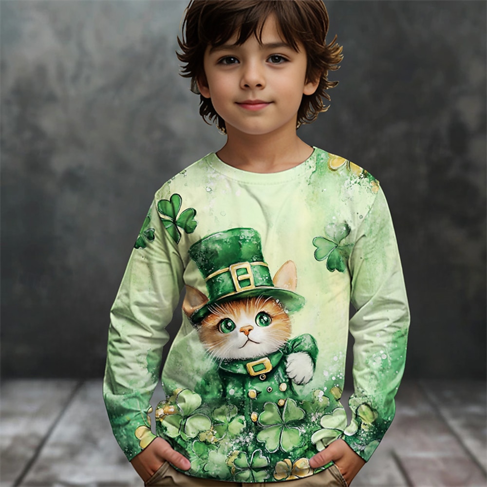 St. Patrick Mädchen 3D Graphic Tier Katze T-Shirt Langarm Frühling Herbst Modisch Basic kinderkleidung 4-12 Jahre Rundhalsausschnitt Outdoor Casual Täglich Regular Fit Lightinthebox