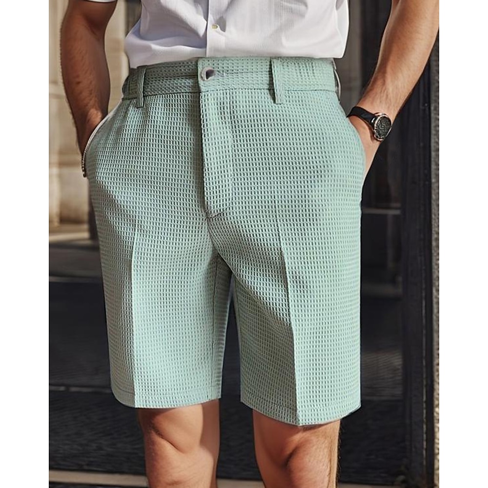 Herren Waffel-Shorts Sommer-Shorts Arbeitsshorts Lässige Shorts Knopf Tasche Glatt Komfort Knielänge Formal Party Arbeit Modisch Klassicher Stil Schwarz Weiß Mikro-elastisch Lightinthebox