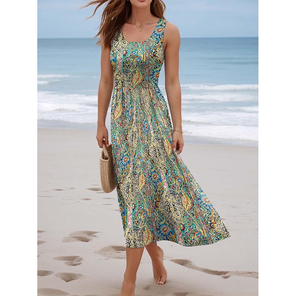 Damen A Linie Kleid Tank-Top Kleid Kuschelig Brautkleider schlicht Paisley-Muster Maxidress Ärmellos U-Ausschnitt Bedruckt Regular Fit Urlaub Täglich Grün Sommer Lightinthebox