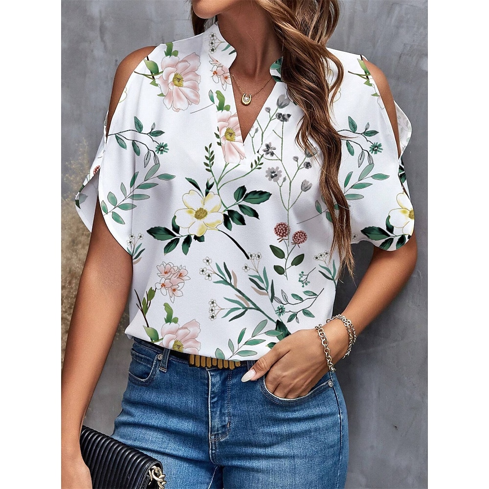 Damen Hemd Bluse Elegant Täglich Stilvoll Graphic Normale Oberteile Halbe Ärmel V Ausschnitt Bedruckt Regular Fit Täglich Weiß Blau Grün Khaki Sommer Frühling Herbst Lightinthebox