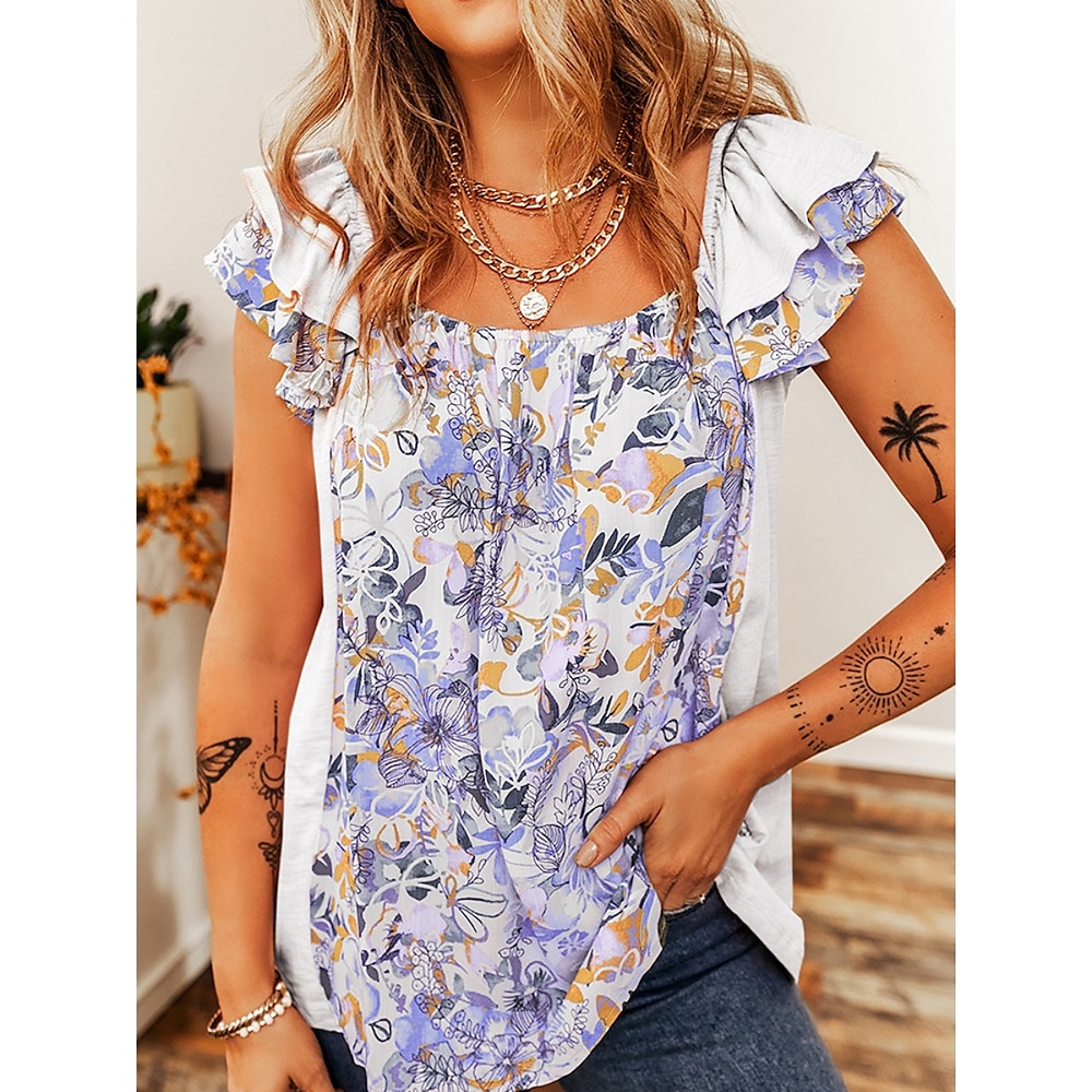 Damen Hemd Bluse Stilvoll Brautkleider schlicht Blumen Normale Oberteile Kurzarm Quadratischer Ausschnitt Rüsche Bedruckt Regular Fit Täglich Rosa Purpur Hellgrau Sommer Lightinthebox