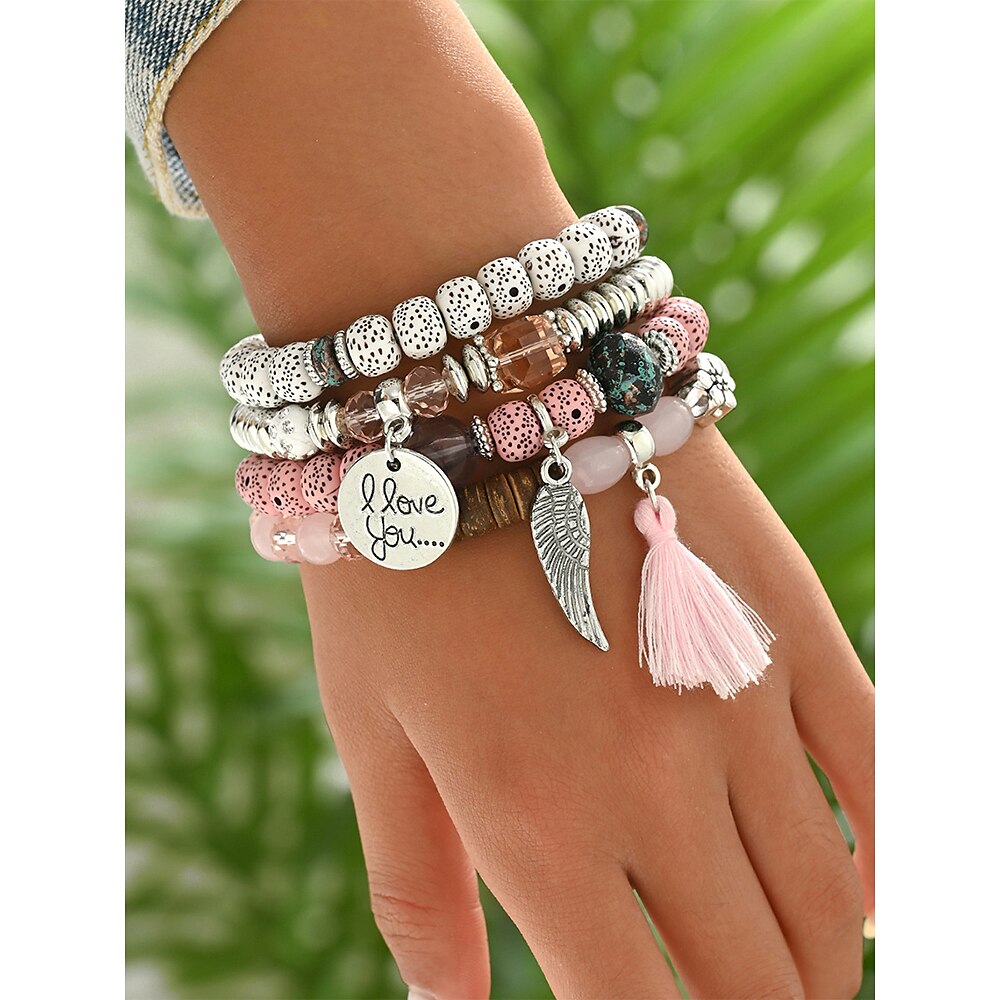 Mehrlagiges Perlenarmband-Set im Bohemian-Stil für Damen - farbenfrohe Bettelarmbänder mit Quaste und Flügelanhänger für die Freizeit und den Strand Lightinthebox