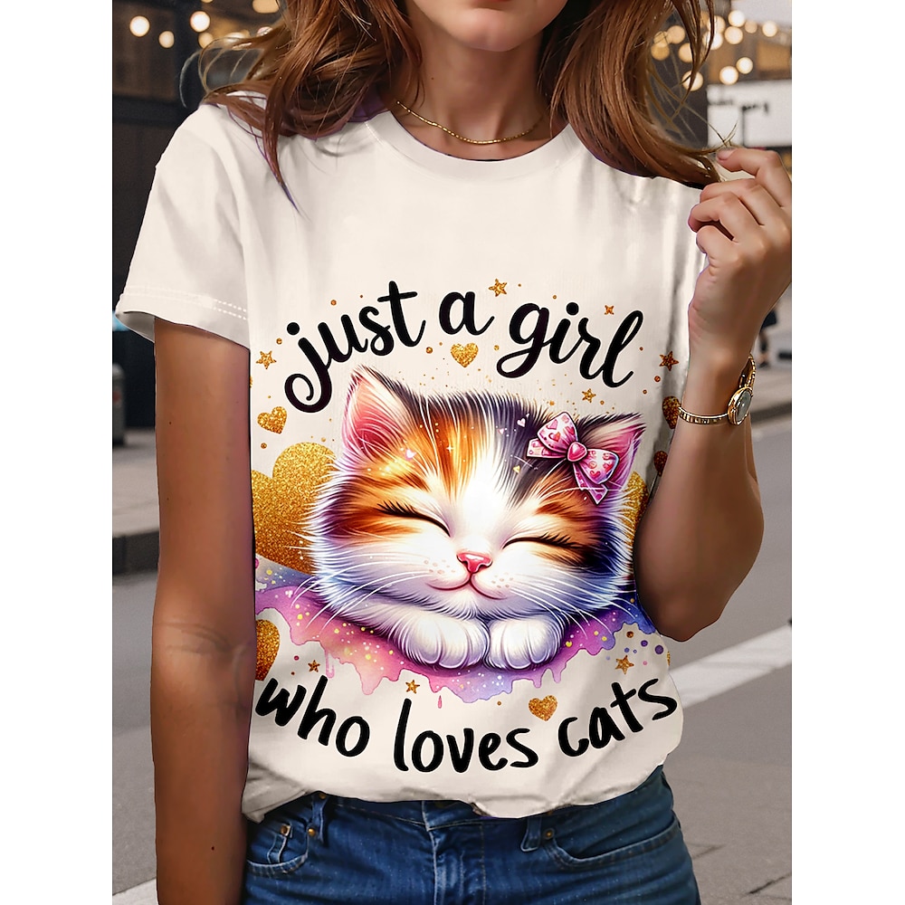 Damen T Shirt Tier Katze Buchstabe Brautkleider schlicht Kurzarm Rundhalsausschnitt Normale Oberteile Täglich Bedruckt Beige Sommer Frühling Lightinthebox