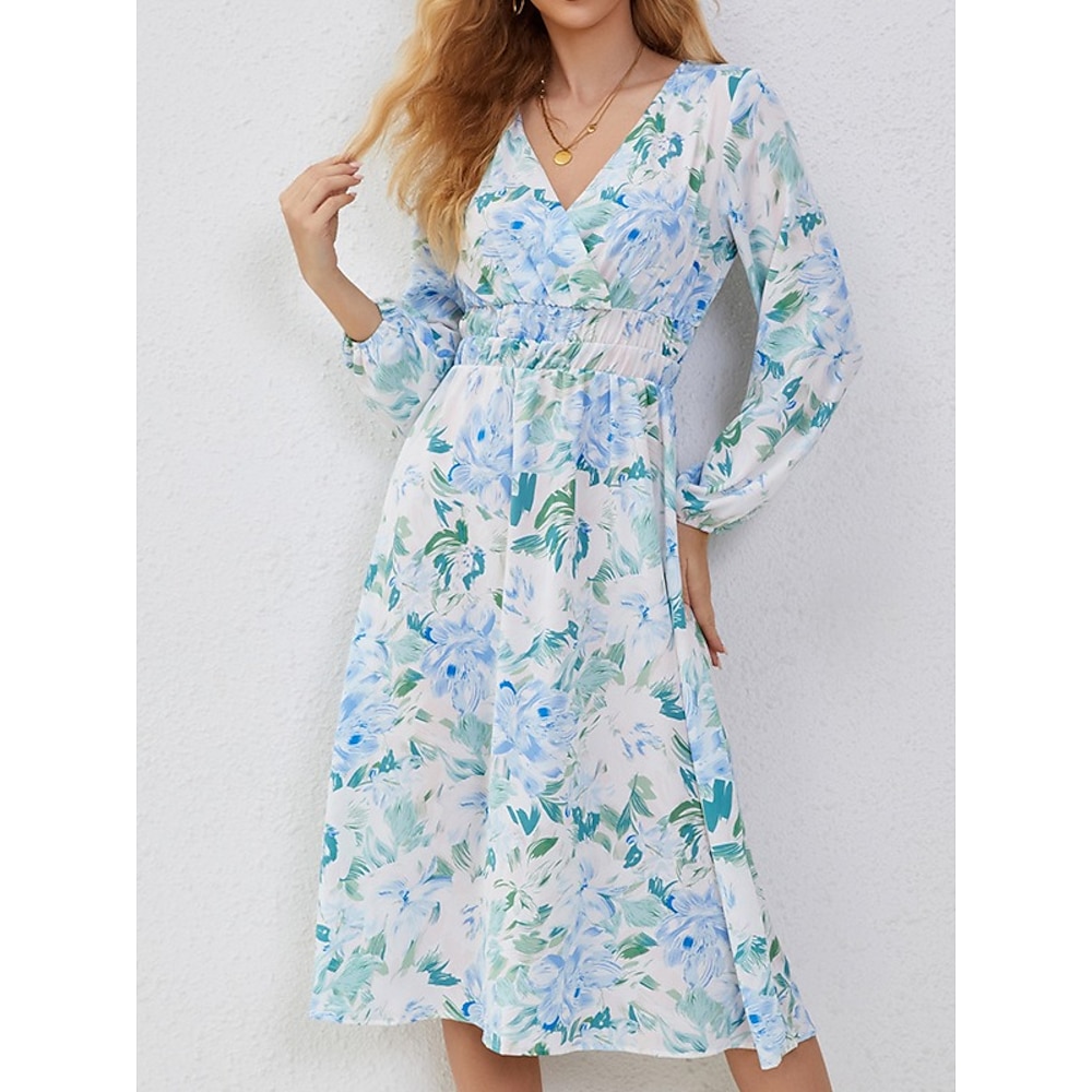 Damen Casual kleid A Linie Kleid Stilvoll Brautkleider schlicht Blumen Midikleid 3/4 Ärmel V Ausschnitt Bedruckt Regular Fit Urlaub Täglich Leicht Blau Frühling Herbst Lightinthebox