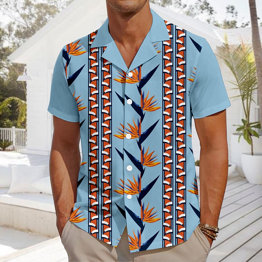 Herren Pflanzen Strandhemd Aloha-Shirt Kurzarm Hawaiianisch Strand Design Urlaub Sommer Frühling Kubanisches Halsband Knopf hoch Blau Lightinthebox