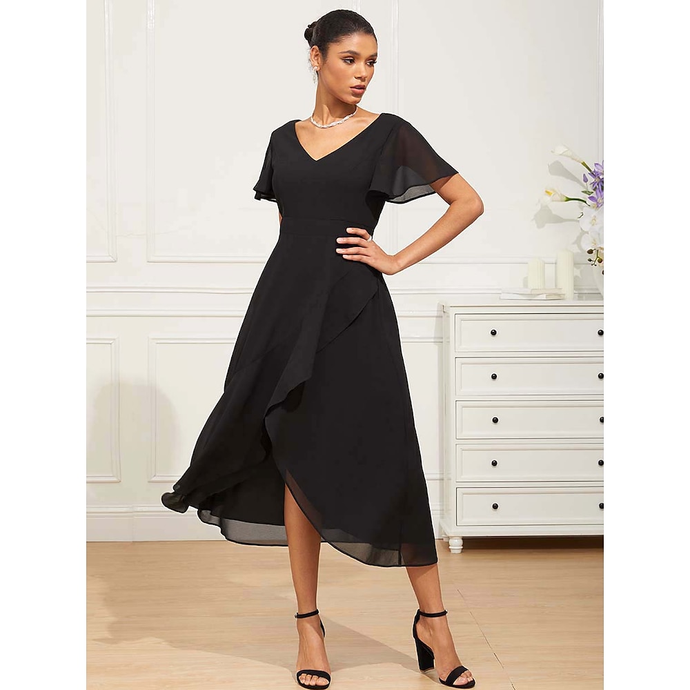 Damen Normal schwarzes kleid Elegant Stilvoll Feste Farbe Maxidress Kurzarm Schmetterling V Ausschnitt Rüsche Gespleisst Regular Fit seidigDressesParty kleid hochzeitsgast Verabredung Schwarz Sommer Lightinthebox