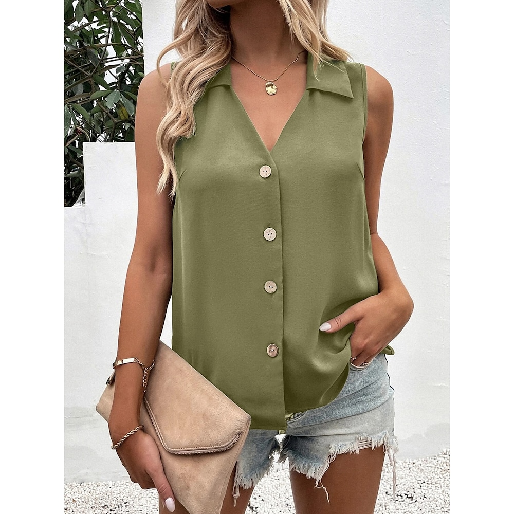 Damen Bluse Stilvoll Brautkleider schlicht Feste Farbe Normale Oberteile Ärmellos V Ausschnitt Knopf Regular Fit Täglich Weiß Armeegrün Sommer Frühling Herbst Lightinthebox